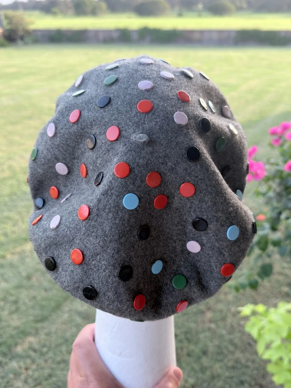 Vintage Norma Kamali for Stetson Wool Beret Gray Multicolor Studded Designer Hat